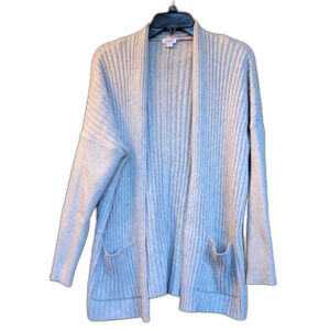 Pure Jill cotton yak blend long ribbed cardigan sweater color light grey